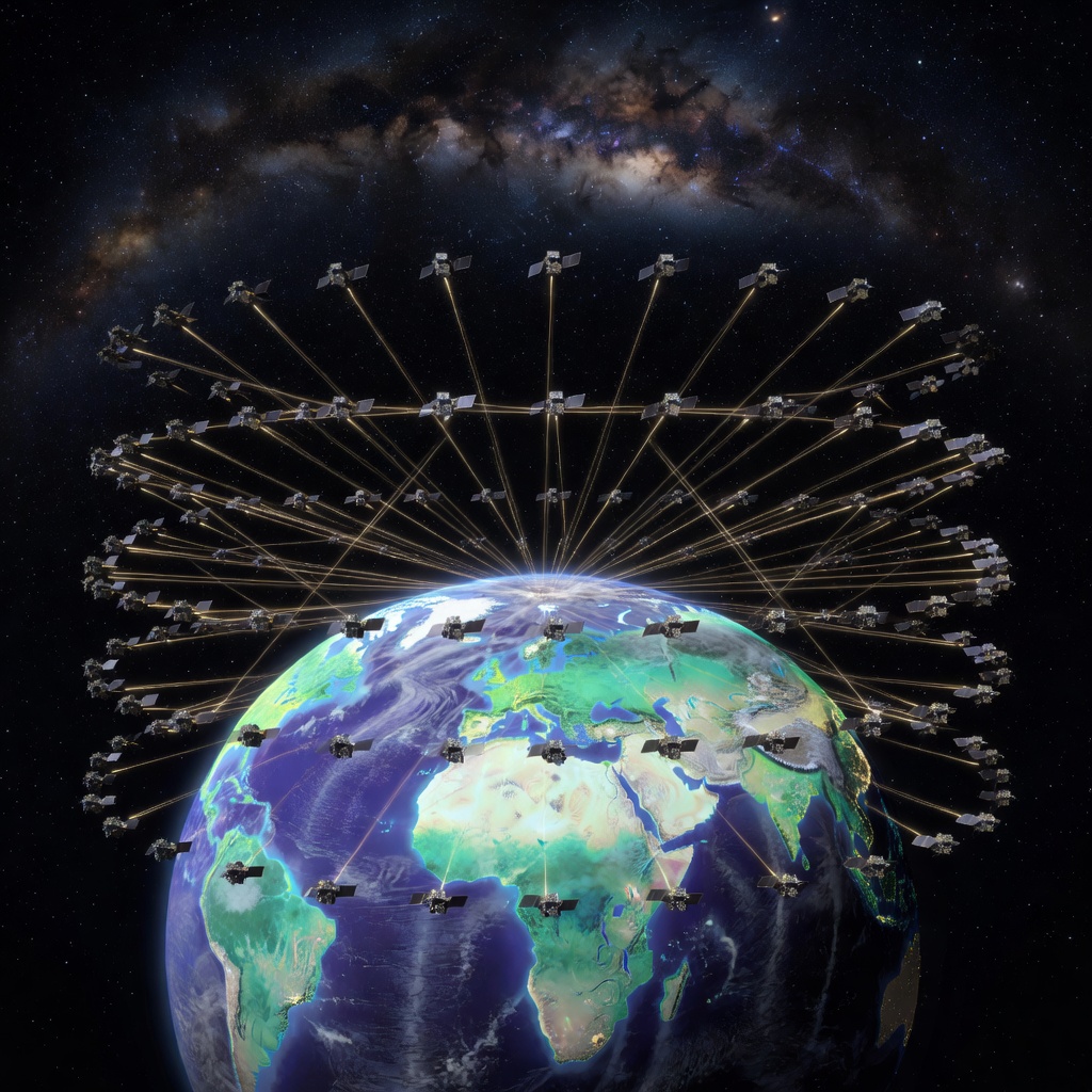 A visualization of the Starlink satellite constellation grid covering the Earth with colored signal coverage zones