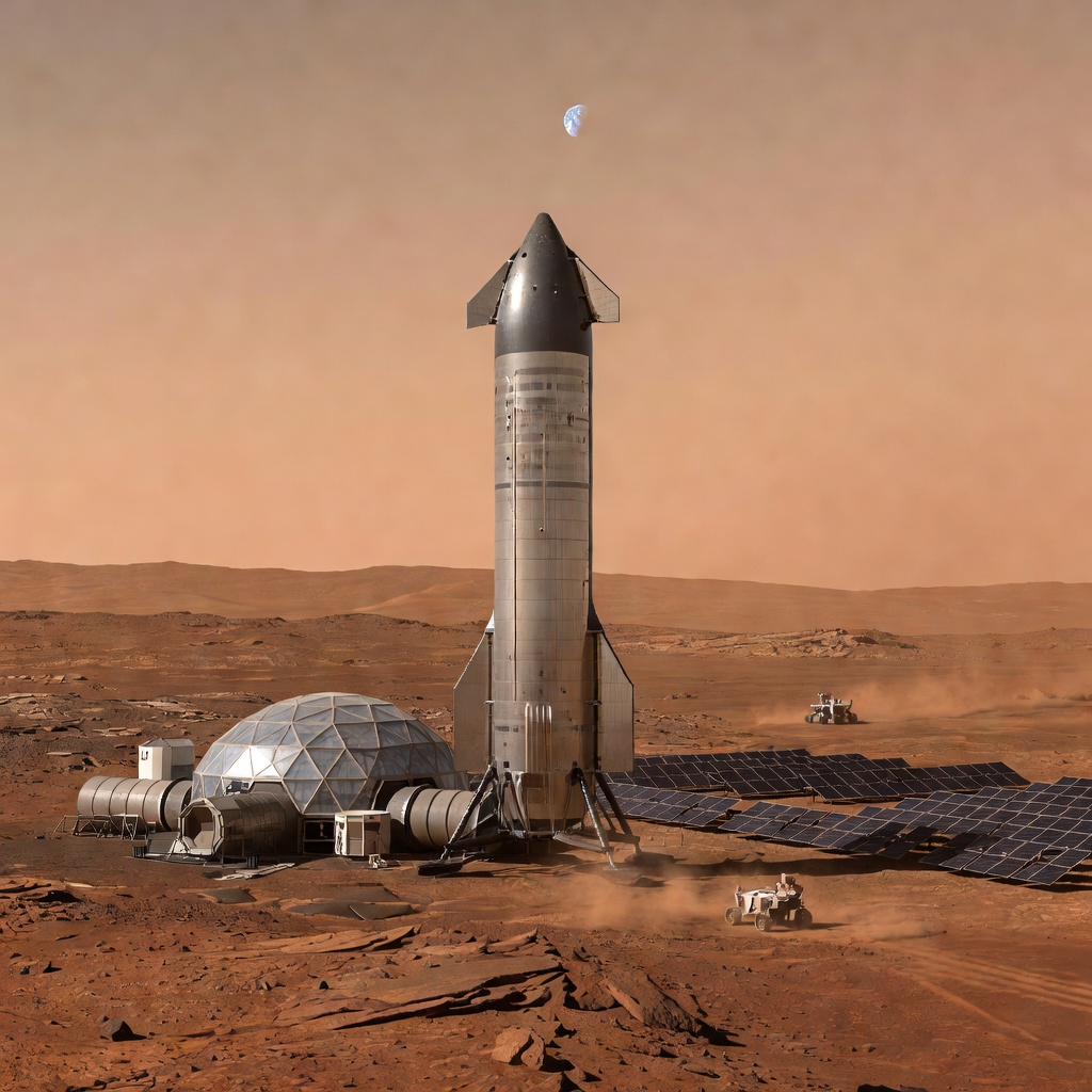 A futuristic Martian habitat dome with SpaceX Starship vehicles on the horizon under a reddish sky, solar panels and life support systems visible