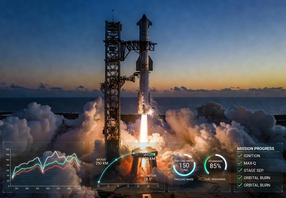 A dramatic wide-angle photorealistic render of a SpaceX Starship vehicle lifting off from a coastal launch facility at dawn, with holographic data overlays floating in the foreground showing thrust graphs, orbital trajectory arcs, payload mass fraction dials, and mission milestone checkboxes glowing in blue and green, cinematic lighting with rocket exhaust illuminating low clouds, ultra-high detail 8K