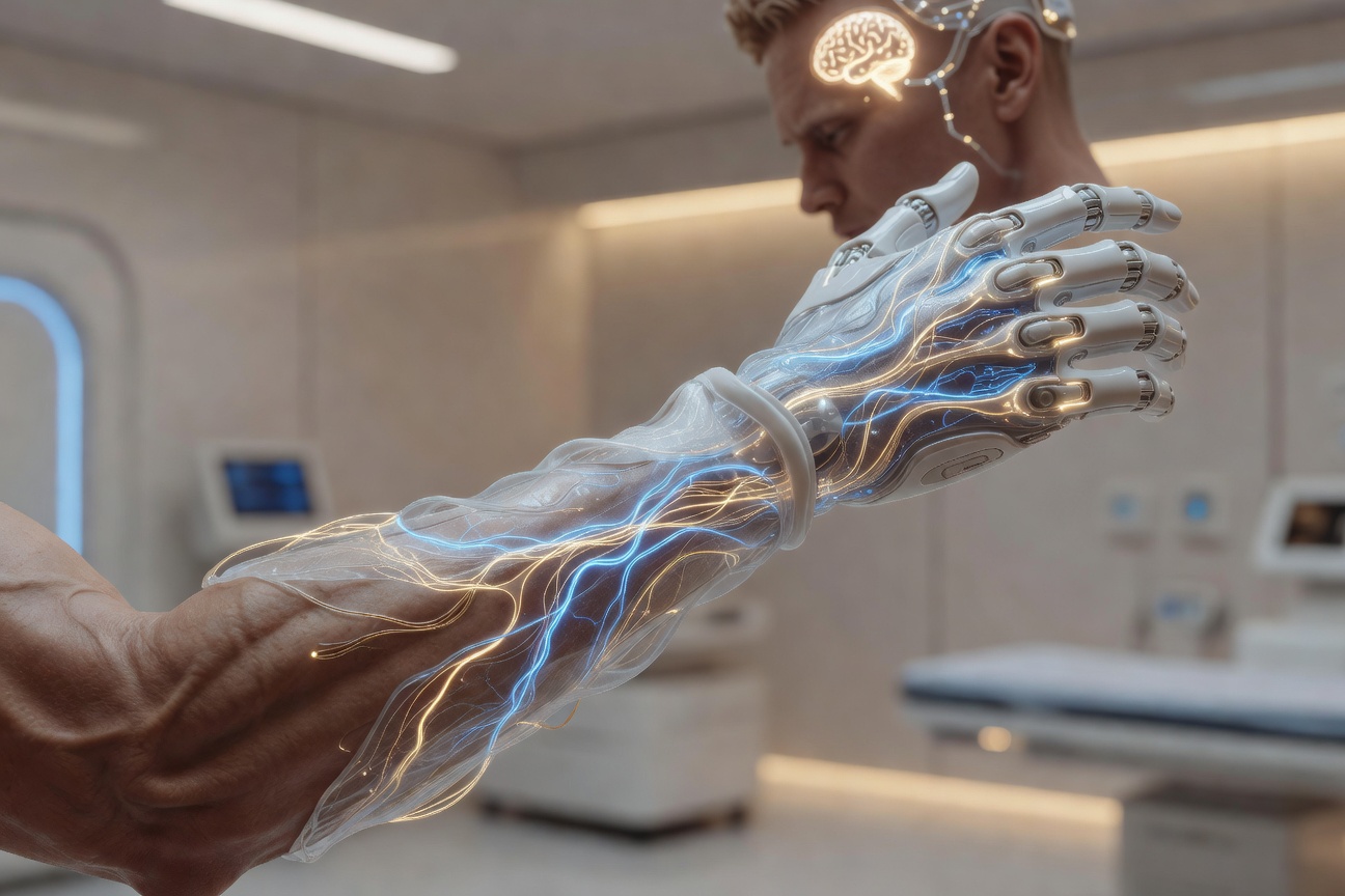 A glowing neural interface connects a human hand to streams of digital data in a futuristic medical environment