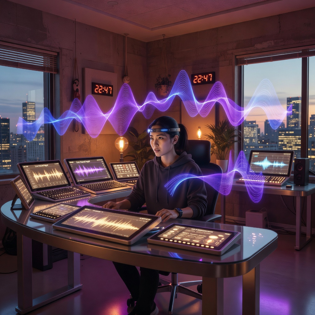 A young person with a sleek neural interface device composes music at a digital workstation, surrounded by softly glowing holographic sound waves