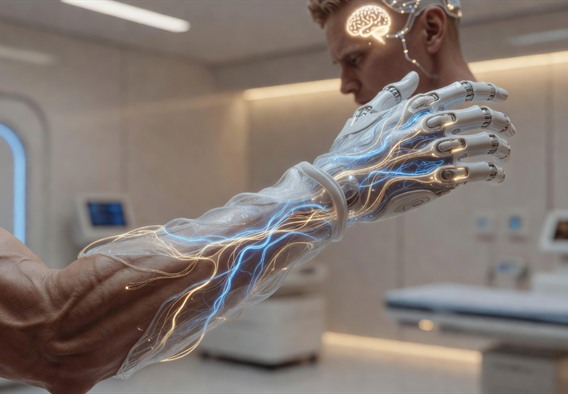 A cinematic, high-resolution digital artwork showing a human hand seamlessly transitioning into a soft robotic exoskeletal sleeve, with luminous neural signal pathways flowing from a glowing cortical implant at the skull through the arm, set against a clean, clinical yet warmly lit medical environment suggesting hope and advanced human capability, photorealistic with subtle bioluminescent blue and gold tones