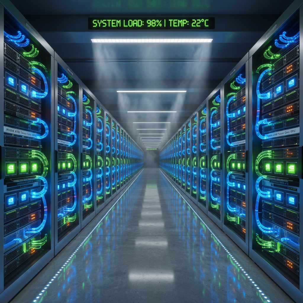 Rows of NVIDIA H100 GPU servers glowing with blue light in a hyperscale data center, representing raw AI compute power