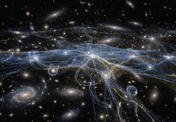 A breathtaking deep-field galaxy panorama filling the entire frame with thousands of galaxies in deep space, overlaid with semi-transparent flowing neural network connection patterns in electric blue and gold, with glowing data streams cascading across the cosmic backdrop, photorealistic ultra-detailed 8K, cinematic lighting, sense of vast scale and technological ambition, no text or logos