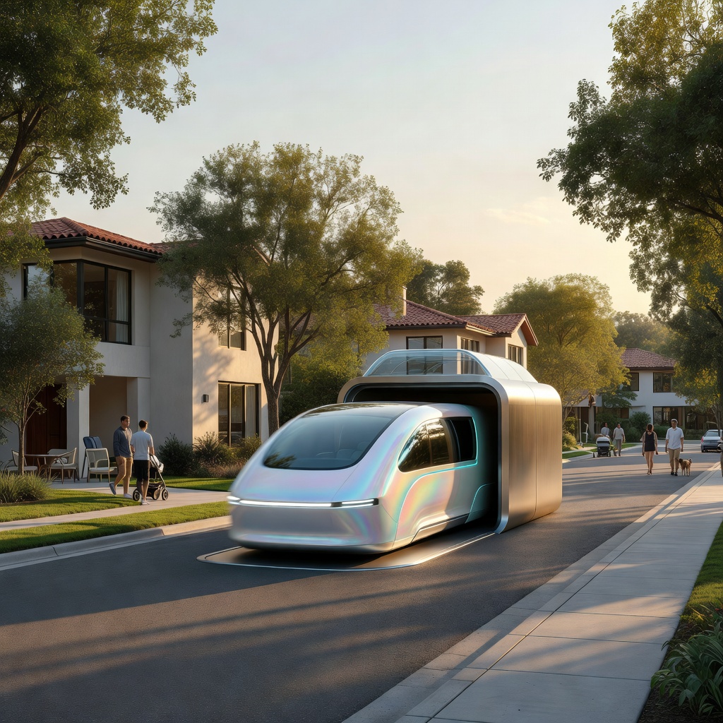 Autonomous electric pod entering a sleek underground tunnel portal in a suburban neighborhood