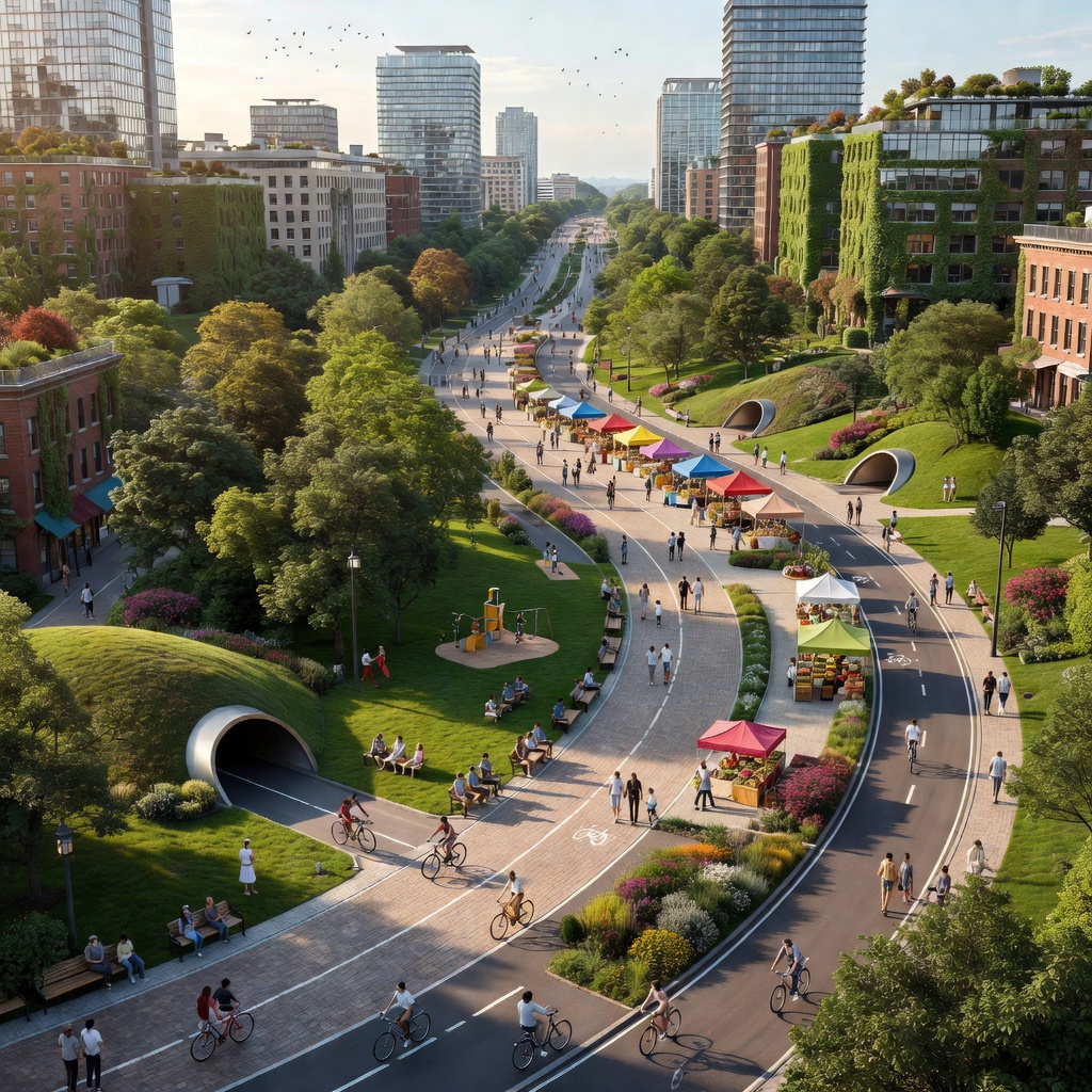 Vibrant pedestrian street above an underground transit network with green spaces and open air markets