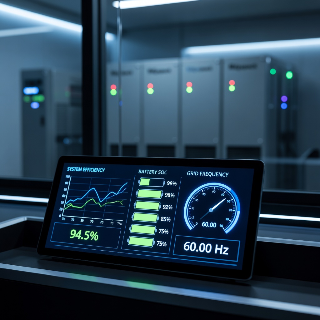 Data visualization of battery round-trip efficiency curves across multiple grid storage installations, displayed on a digital analyst dashboard