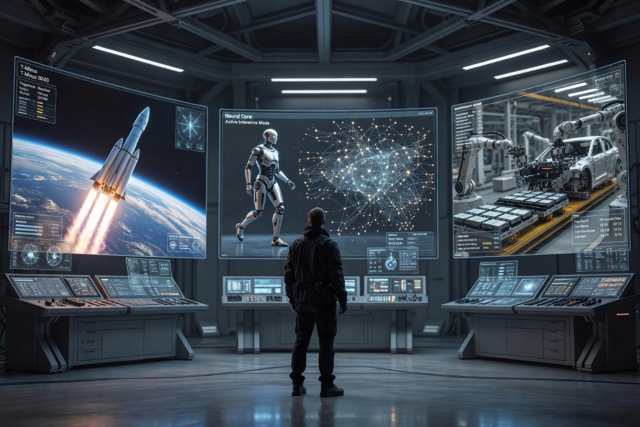 Elon Musk standing at the convergence of multiple futuristic technology frontiers