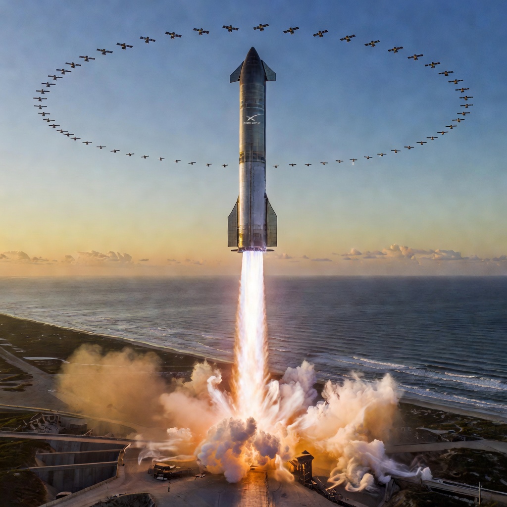 A massive Starship rocket launching from a coastal pad with Earth visible in the background