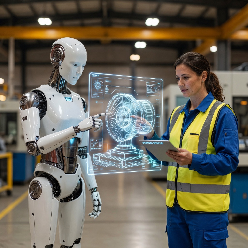 A humanoid robot working alongside humans in a modern factory environment illuminated by clean white lighting