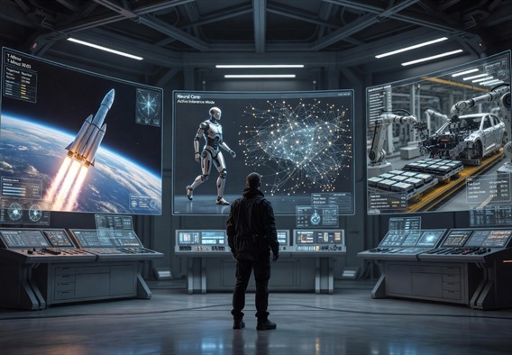 A hyper-realistic digital painting of a lone visionary figure standing at the center of a vast control room, surrounded by holographic displays showing a rocket launch, a humanoid robot, an AI neural network visualization, and an electric vehicle assembly line, all glowing with blue and white light, cinematic lighting, ultra-detailed, 8K resolution, futuristic aesthetic emphasizing the convergence of multiple breakthrough technologies