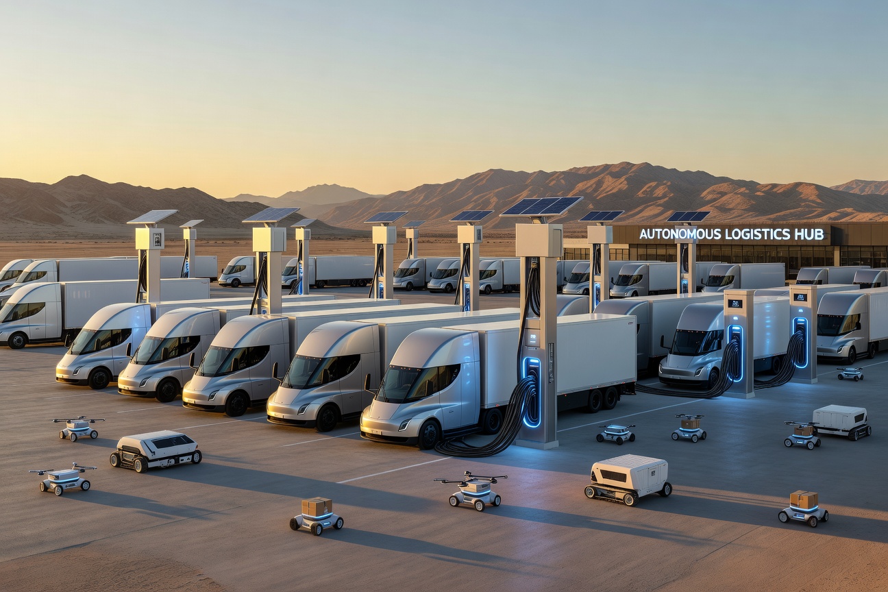 Futuristic Tesla Semi and Cybertruck charging at an advanced autonomous depot at dawn
