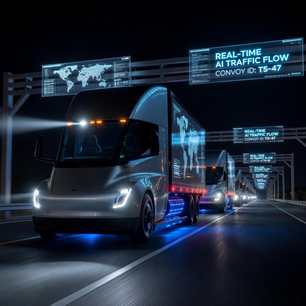 Tesla Semi autonomous highway convoy under futuristic smart infrastructure