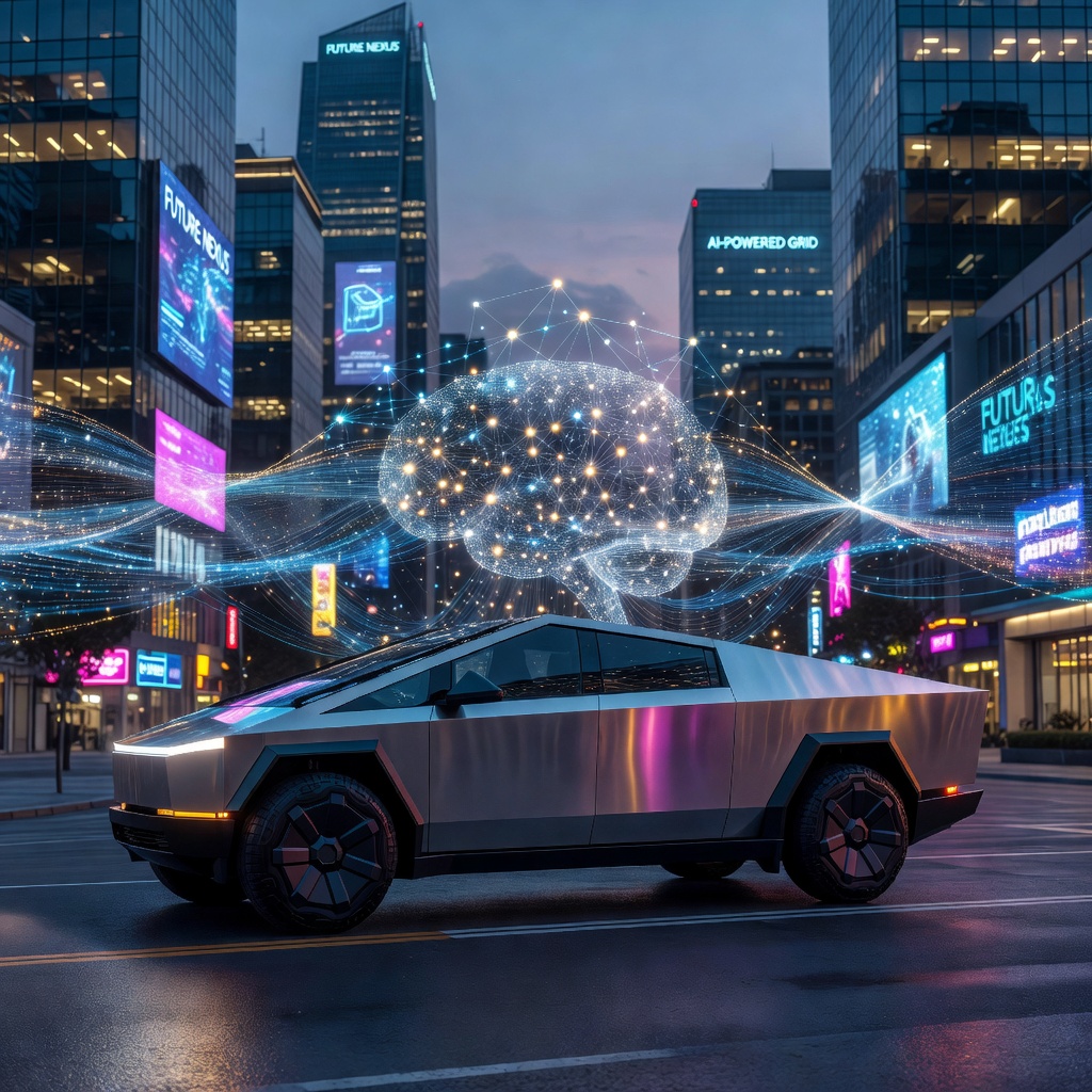 Advanced AI neural network visualization overlaid on a Tesla Cybertruck in a smart city environment