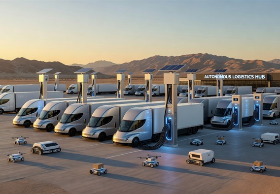 A vast, futuristic autonomous logistics depot at dawn, multiple sleek Tesla Semi trucks in silver and white with glowing blue charging connectors attached to towering solar-integrated charging pylons, a soft golden sunrise over desert mountains in the background, autonomous robots moving freight between vehicles, ultra-realistic cinematic lighting, 8K photorealistic render, wide establishing shot conveying scale and technological optimism