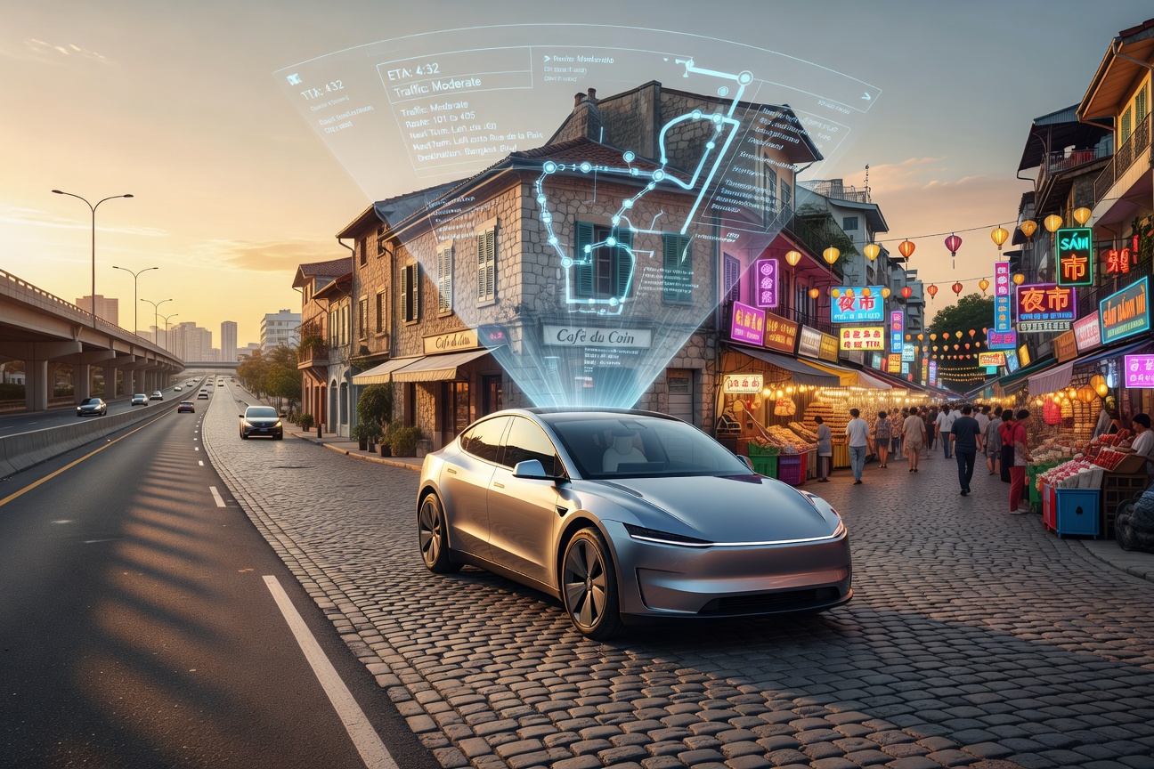 A gleaming Tesla Cybercab navigating a futuristic city street at dusk, with holographic route maps projected above the vehicle and diverse urban skylines blending in the background