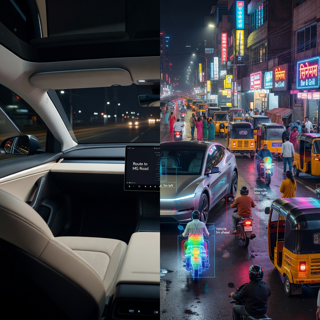 A Tesla Cybercab operating in a dense Southeast Asian city street, surrounded by motorbikes and colorful market stalls, with AI sensor visualizations overlaid on the scene