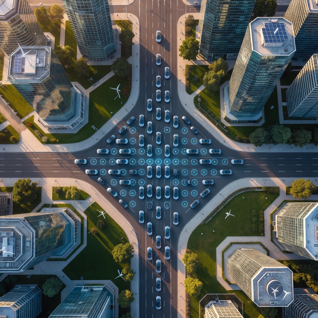 Aerial view of multiple Tesla Cybercabs forming a coordinated autonomous fleet in a smart city environment, with solar-powered charging stations and green urban spaces visible below