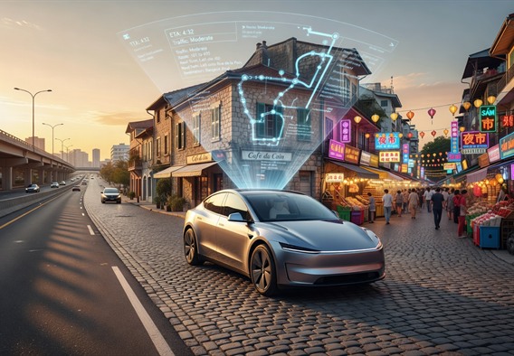 A sleek, futuristic Tesla Cybercab navigating a photorealistic blended cityscape that seamlessly transitions from an American freeway to a European cobblestone street to a vibrant Southeast Asian boulevard, with holographic autonomous route visualizations glowing above the vehicle, golden hour lighting, hyperrealistic detail, cinematic wide angle shot, 8K resolution