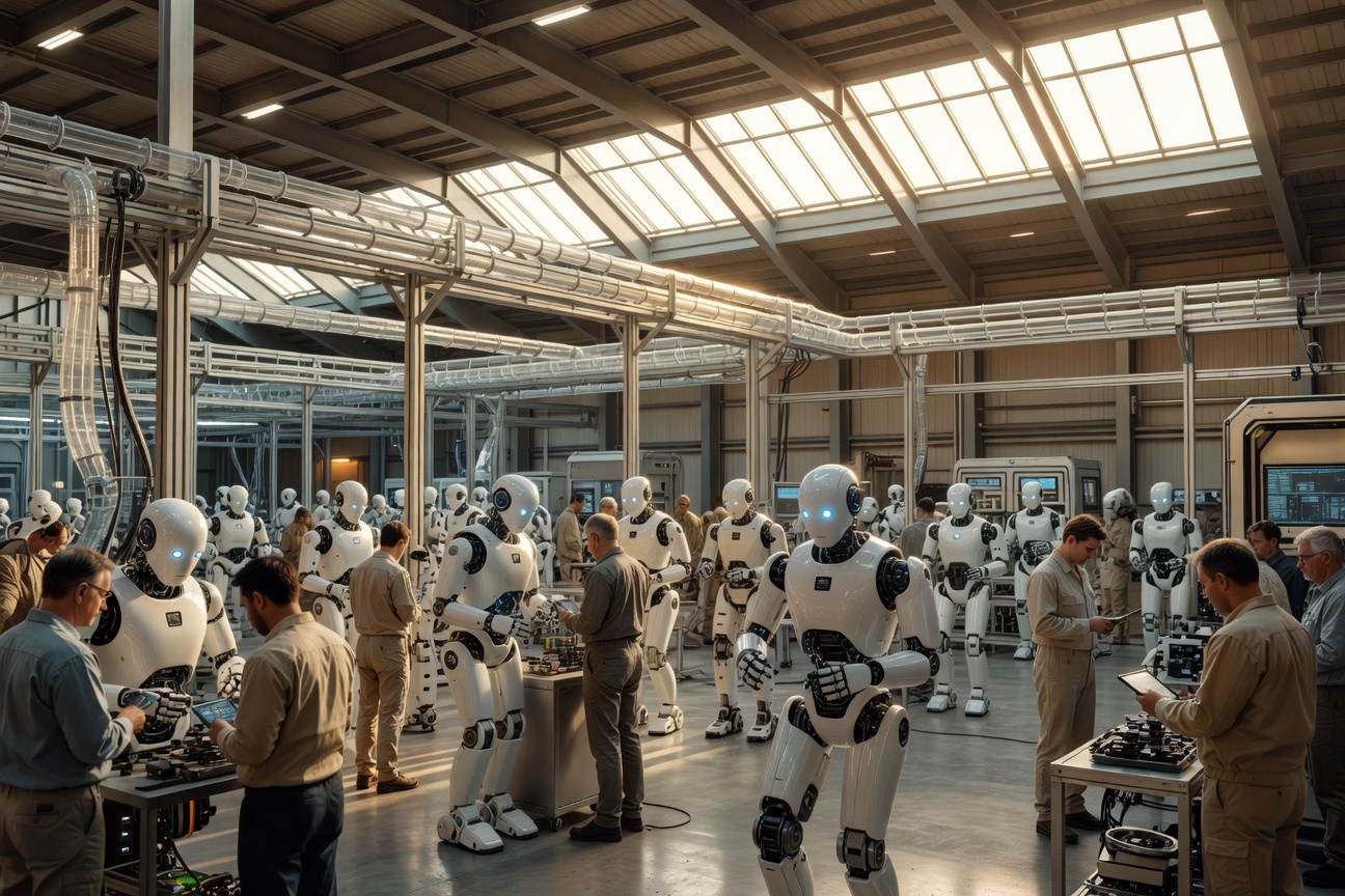A fleet of Tesla Optimus humanoid robots working alongside humans in a vast, sunlit factory of the future