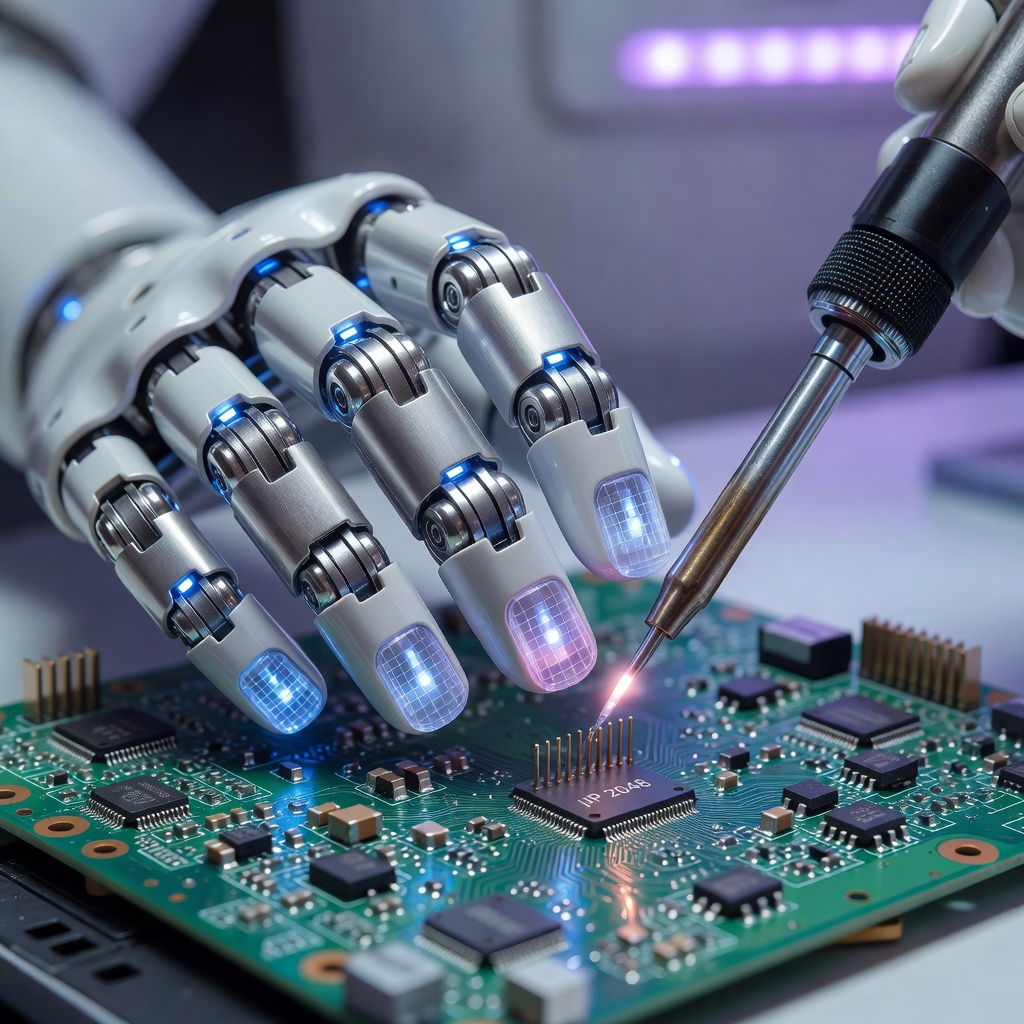 Close-up of a Tesla Optimus robot hand performing delicate assembly work on electronic components under bright laboratory lighting
