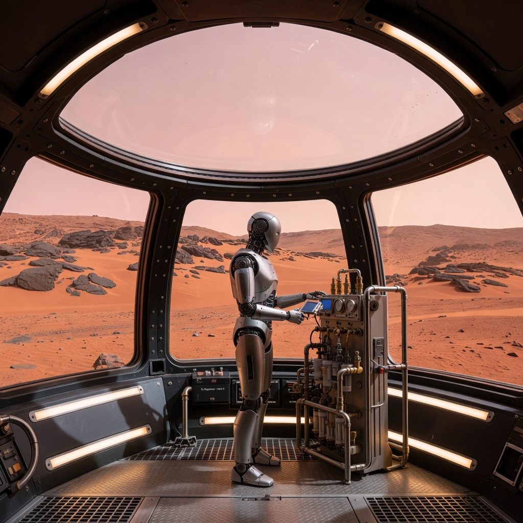 A humanoid robot in a Mars habitat module performing construction and maintenance tasks against a rust-red Martian landscape visible through a panoramic window