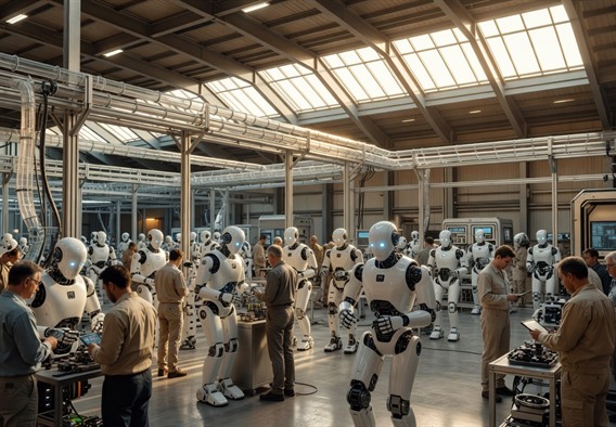 A vast, sun-drenched advanced manufacturing facility of the near future, populated by dozens of sleek white humanoid robots with glowing blue sensor eyes working in perfect coordination alongside human engineers in modern workwear. Conveyor systems carry components through transparent tubes overhead. The aesthetic is clean, optimistic, and monumental in scale. Photorealistic render, cinematic wide-angle shot, warm golden hour lighting pouring through enormous skylights, ultra-high detail.