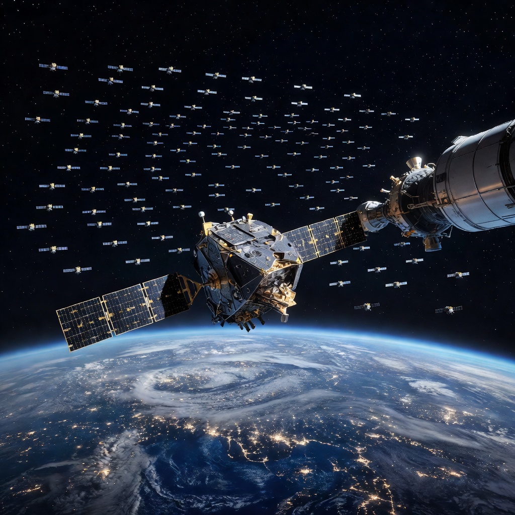 SpaceX Starlink satellite deployment in low Earth orbit, view from space