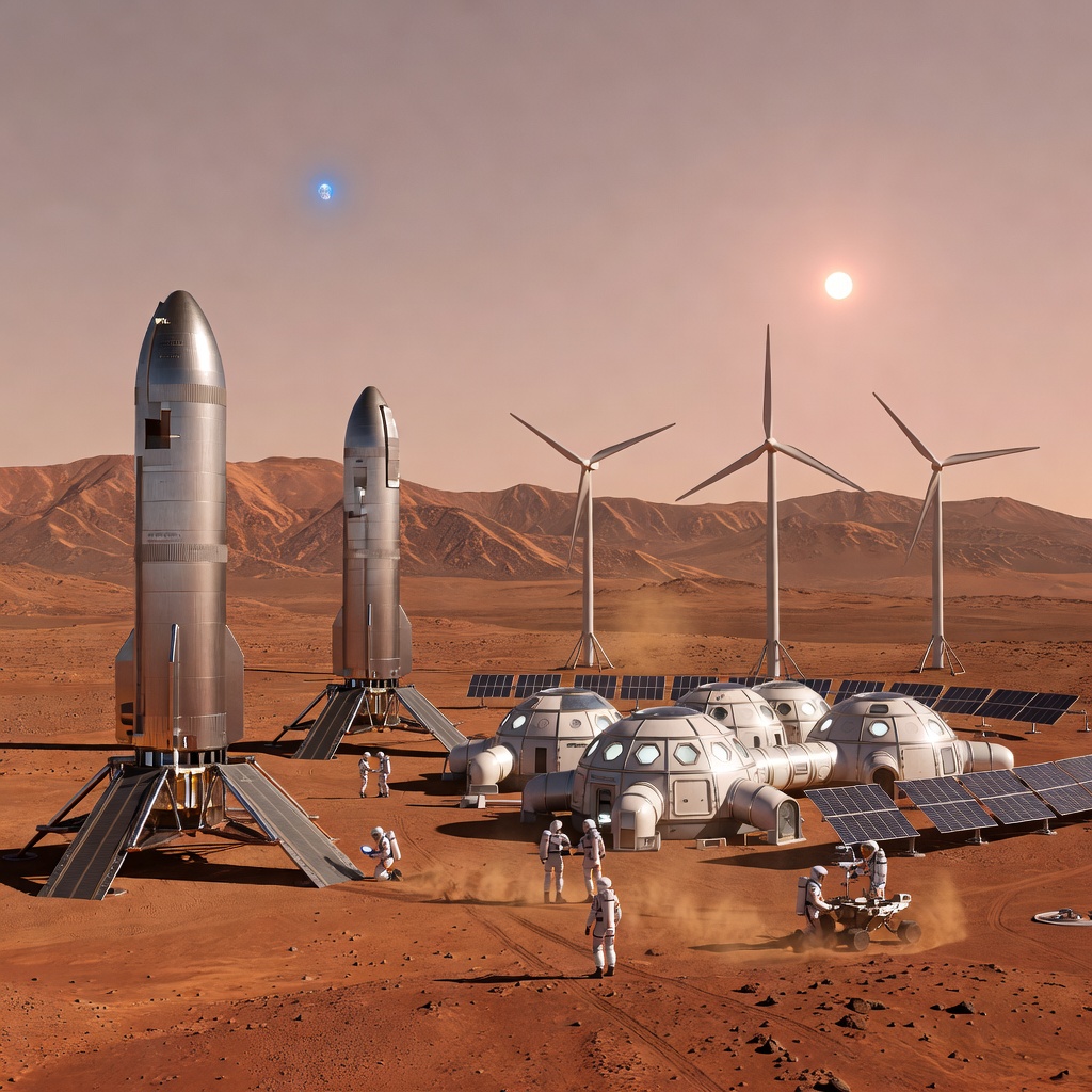 Futuristic Mars colony base with SpaceX Starship landers and pressurized habitat domes on the Martian surface