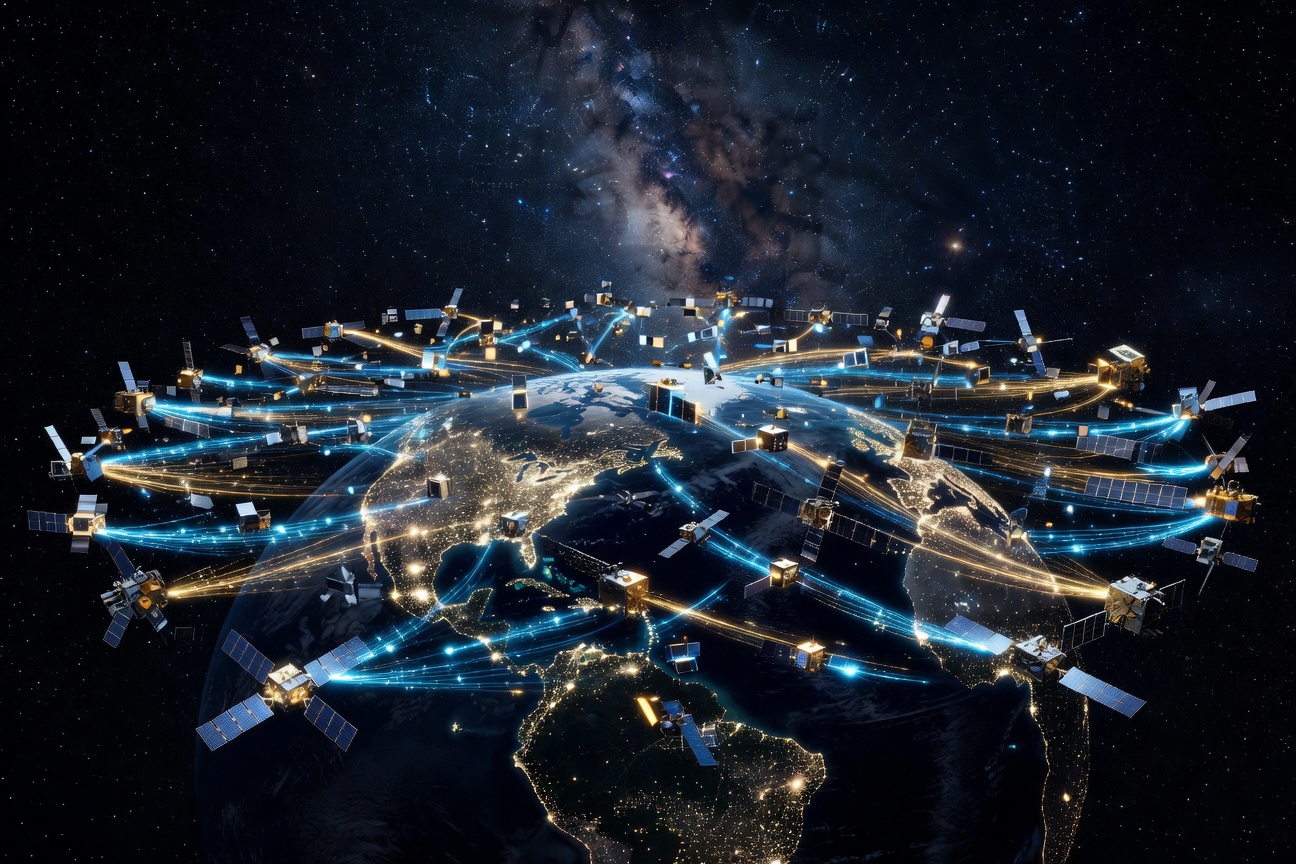 Futuristic visualization of thousands of LEO satellites forming a glowing orbital mesh above Earth