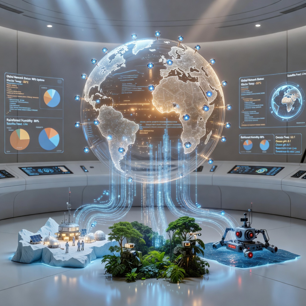 Holographic globe covered in satellite connectivity nodes with data streams flowing to remote research stations and farms