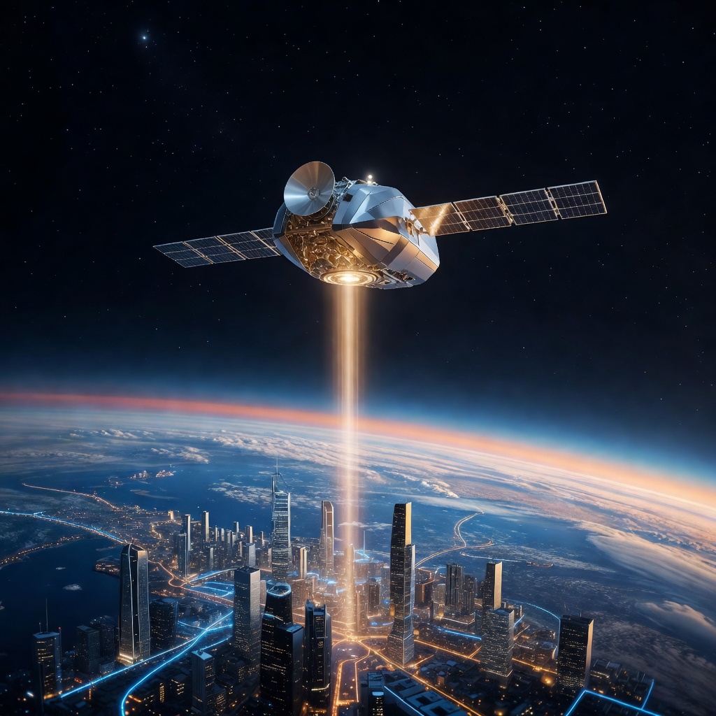 Sleek low-orbit satellite deploying a beam of connectivity light toward a futuristic smart city at dusk