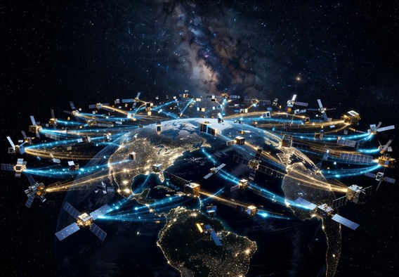 A breathtaking photorealistic wide-angle visualization of thousands of glowing low-Earth-orbit satellites forming an interconnected luminous mesh above a darkened Earth, with visible data streams in electric blue and gold connecting nodes across the orbital ring, cinematic lighting, deep space backdrop with the Milky Way visible, hyper-detailed, futuristic scientific aesthetic, 8K quality