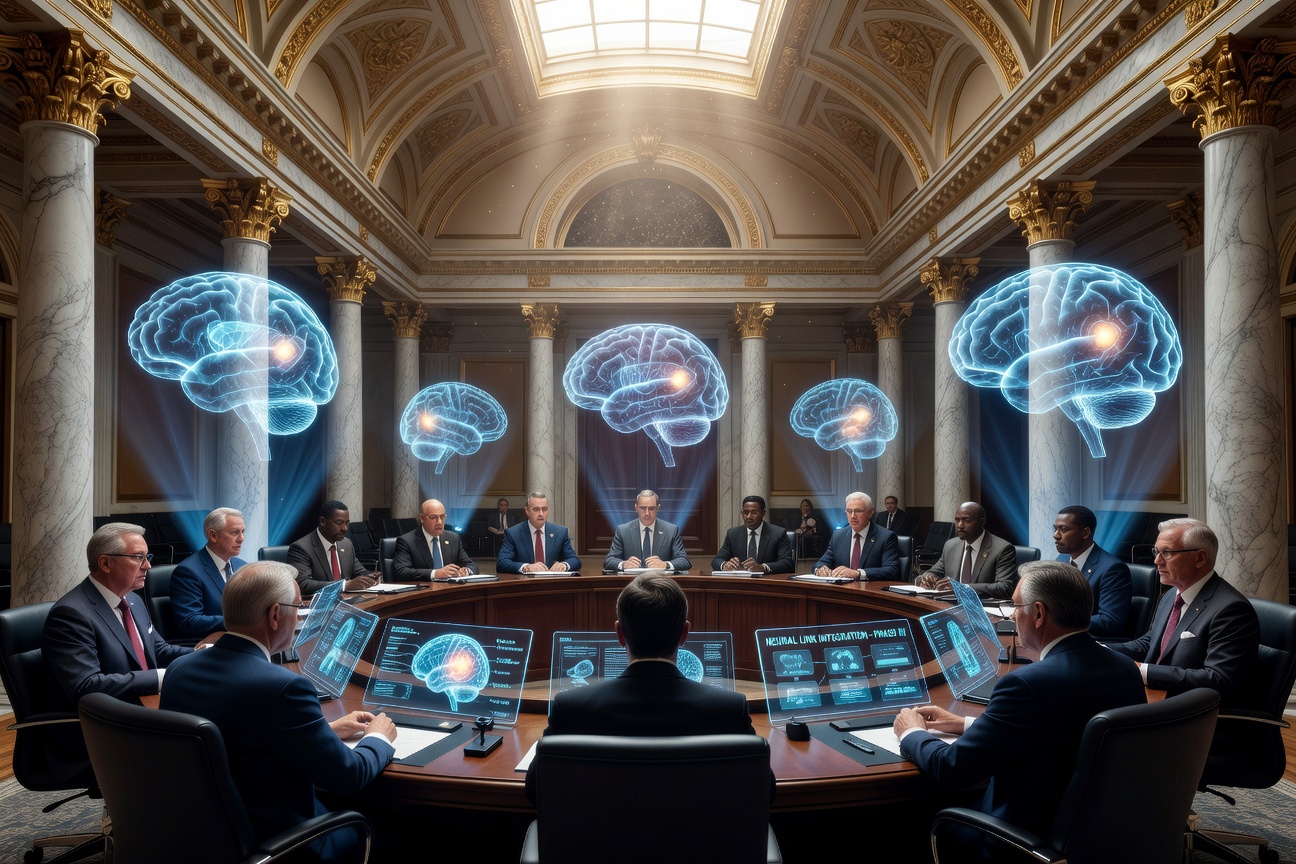 Futuristic regulatory chambers with holographic brain scans and neural interface policy documents