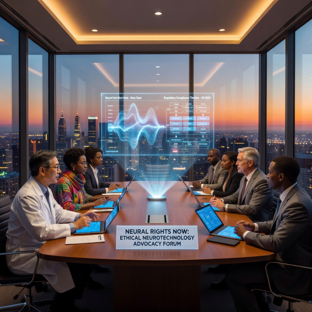 Diverse group of policymakers and neuroscientists reviewing neural interface data on transparent digital screens in a modern government building