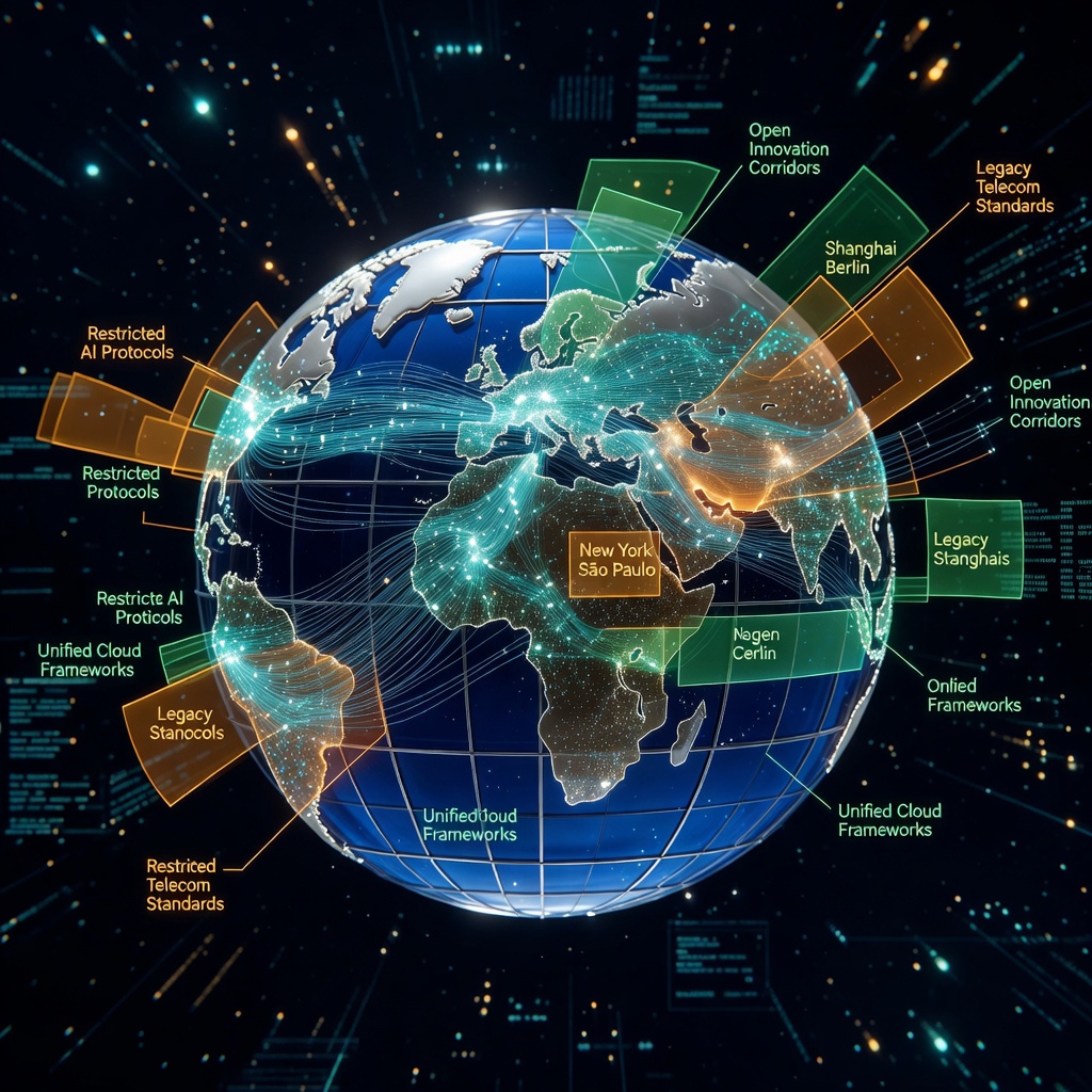 Global map with interconnected neural network lines overlaying international regulatory zones and standards bodies in a luminous digital visualization