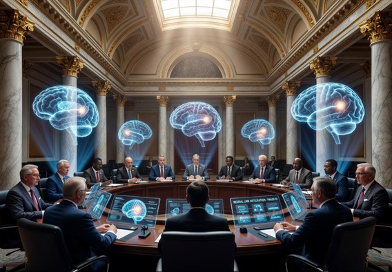 A vast, luminous governmental chamber where holographic projections of human brain scans float above a circular policy table. Delegates from multiple nations examine neural interface schematics projected on transparent screens. The atmosphere is formal yet infused with futuristic blue and gold light, emphasizing the weight of decisions being made. Photorealistic, cinematic lighting, ultra-detailed.