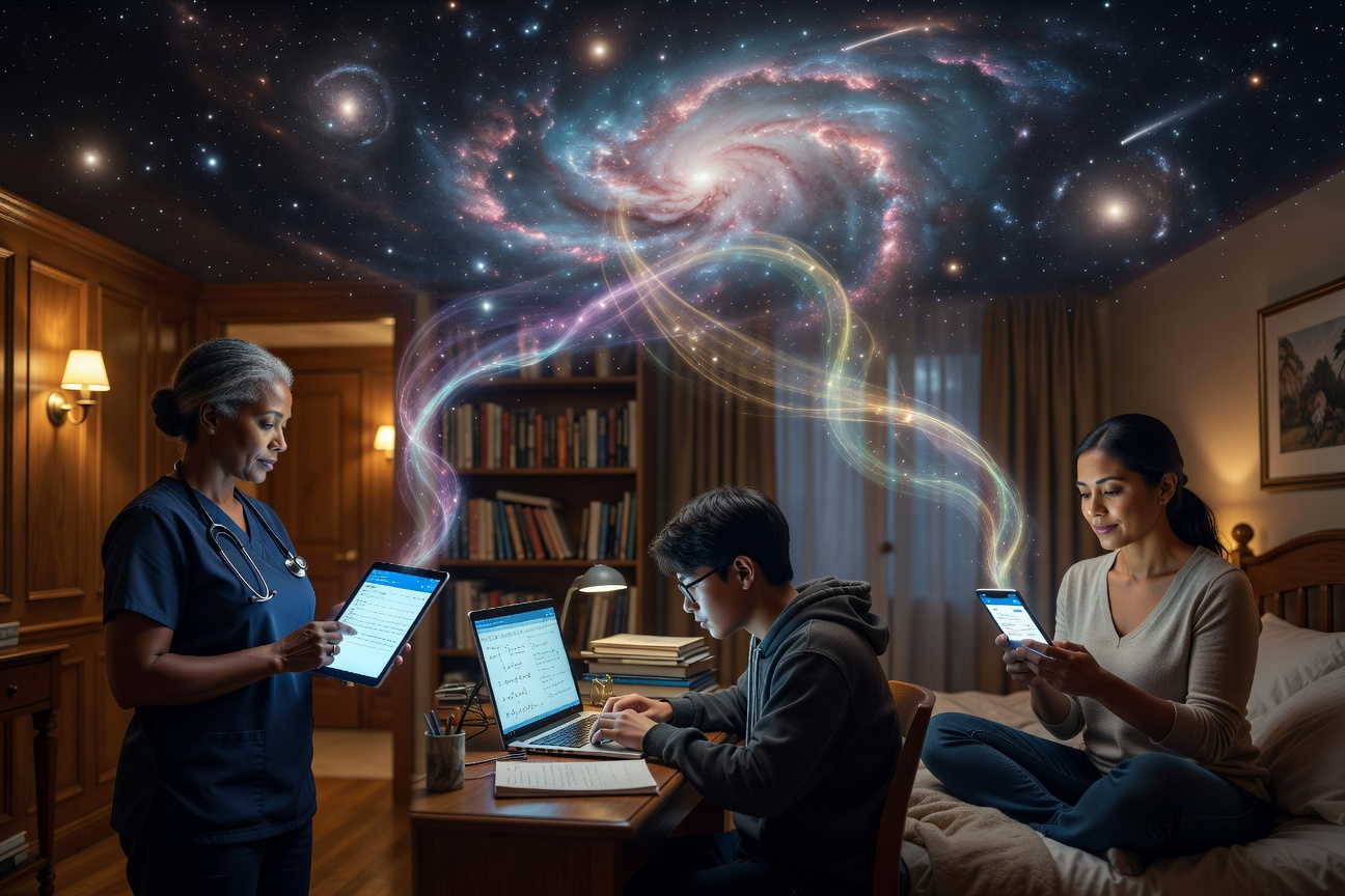 A diverse group of people using AI technology in everyday settings, illuminated by warm light, with glowing data streams connecting them to a vast cosmic background