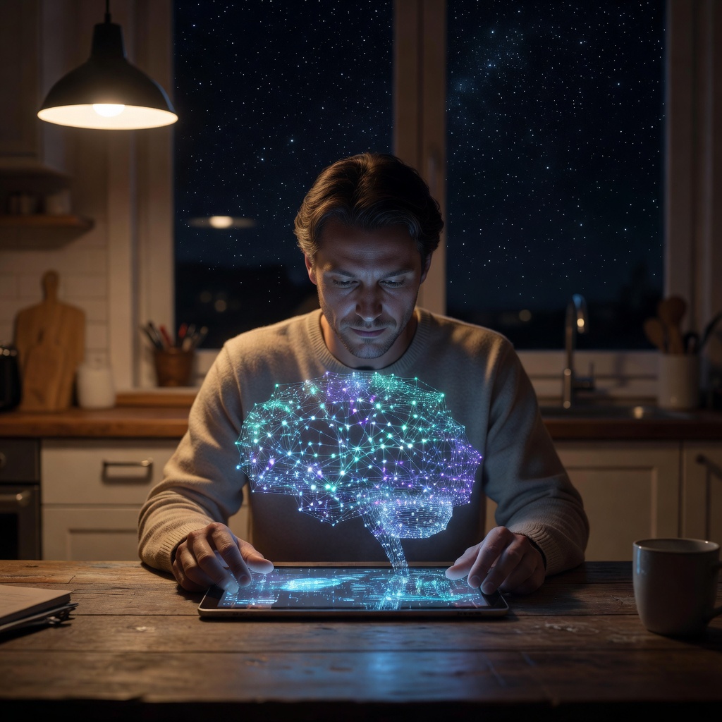 A futuristic AI interface displayed on a tablet in a warmly lit home setting, with abstract neural network patterns glowing softly in the background
