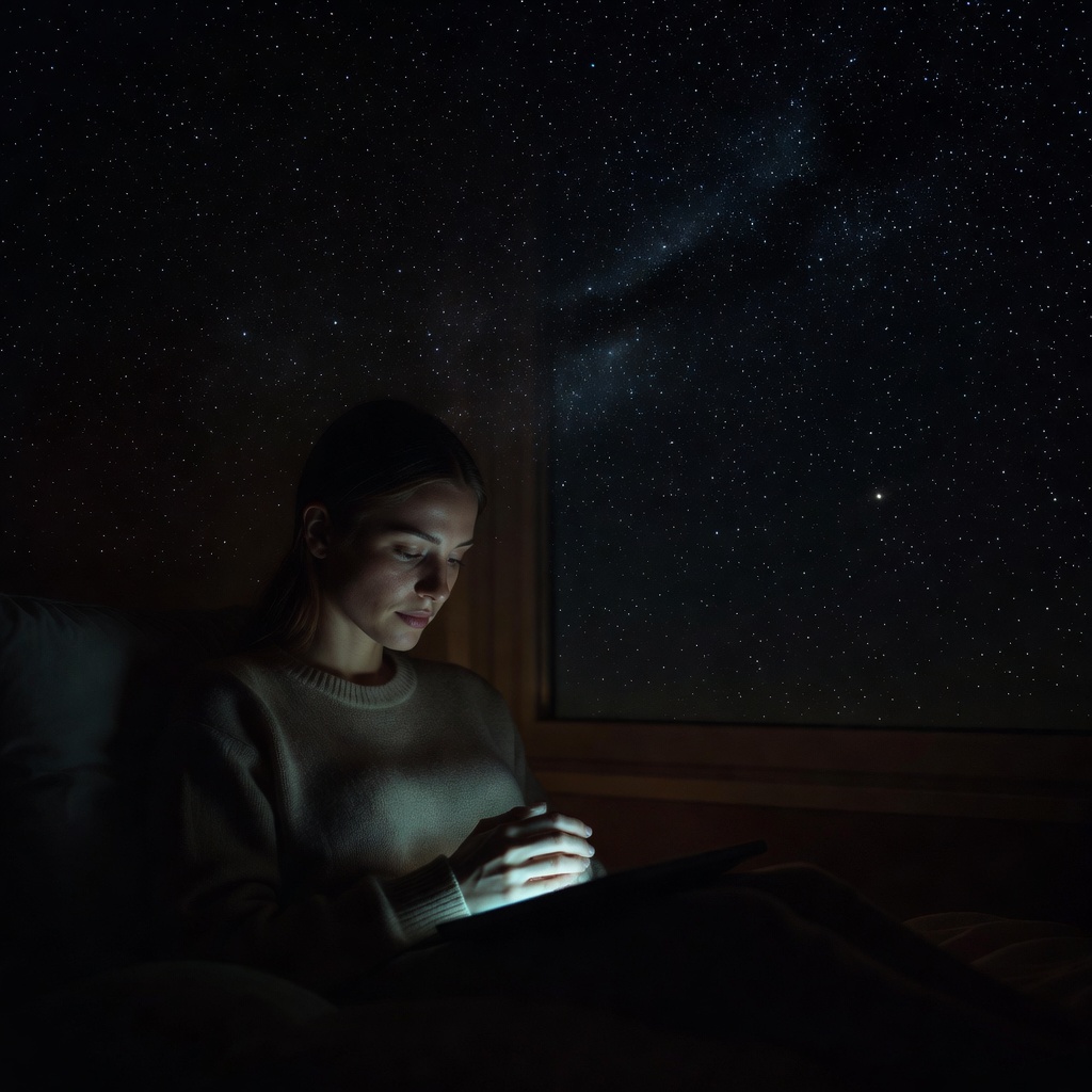A person sitting in a softly lit room, hands resting on a glowing tablet, with a sense of calm and connection radiating from the screen, set against a backdrop of stars visible through a window