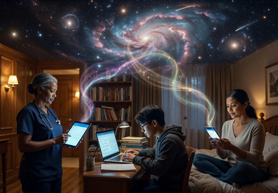 A photorealistic, warmly lit scene showing a diverse group of people in different everyday environments: a nurse reviewing medical notes on a glowing tablet, a teenager studying with a laptop showing complex equations, and a parent sitting quietly at night with a softly glowing phone screen. All connected by subtle, luminous threads of light rising upward into a vast, beautiful cosmic background of stars and nebulae. Style: cinematic, hopeful, human-centered, ultra-detailed.