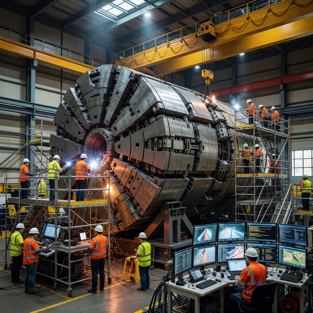 Advanced tunnel boring machine being assembled in a high-tech facility with engineers working under bright industrial lighting