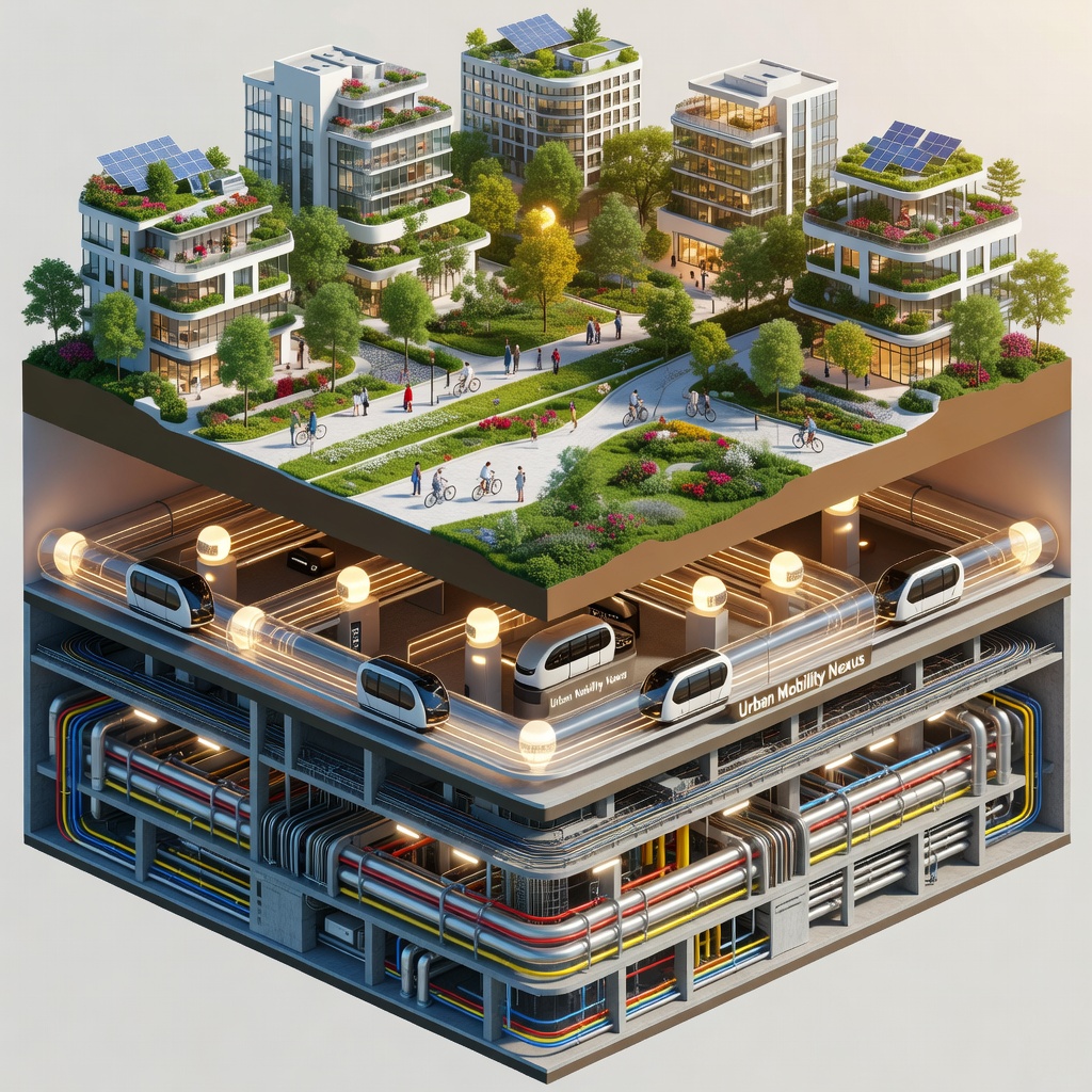 Futuristic smart city cross-section showing underground tunnel network with autonomous electric vehicles beneath a vibrant urban streetscape with pedestrians and green spaces above