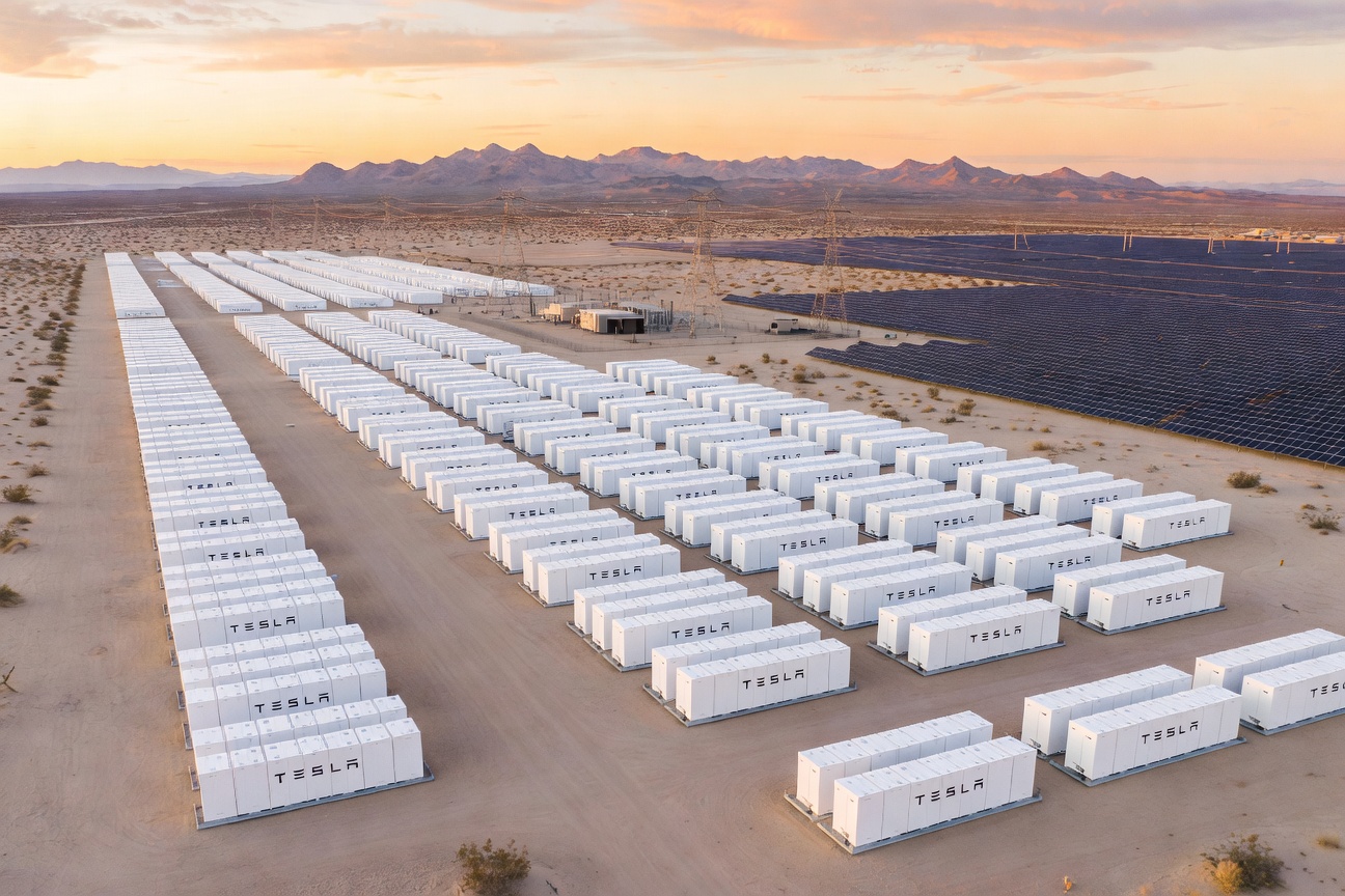Rows of Tesla Megapack battery storage units at dawn beside a utility-scale solar farm in the Mojave Desert
