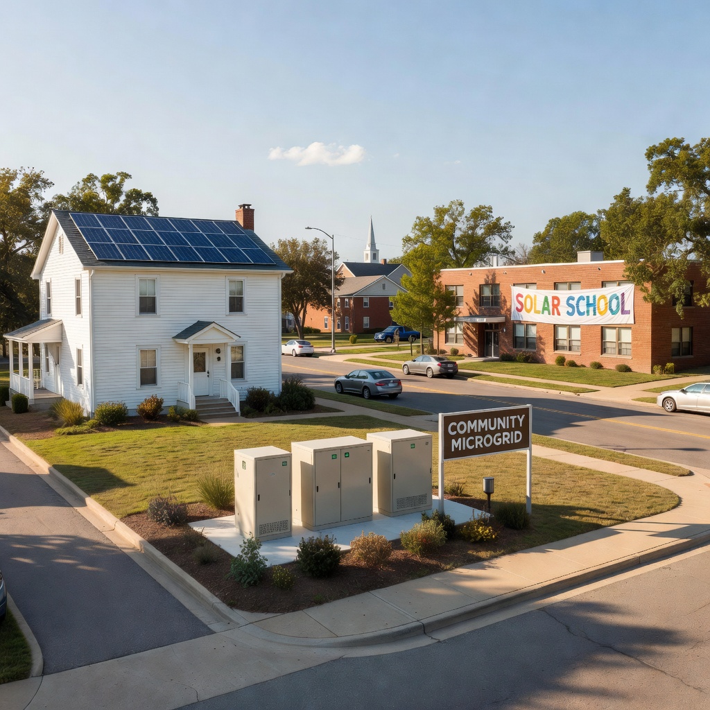 Mid-scale community solar and battery storage microgrid serving a rural town, with solar panels and compact battery units integrated into local infrastructure