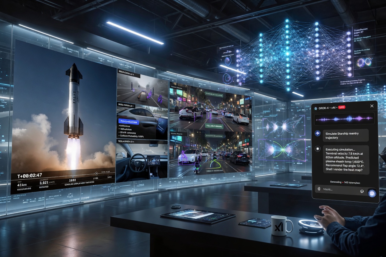 A futuristic control room with holographic displays showing SpaceX, Tesla, xAI, and Neuralink dashboards simultaneously