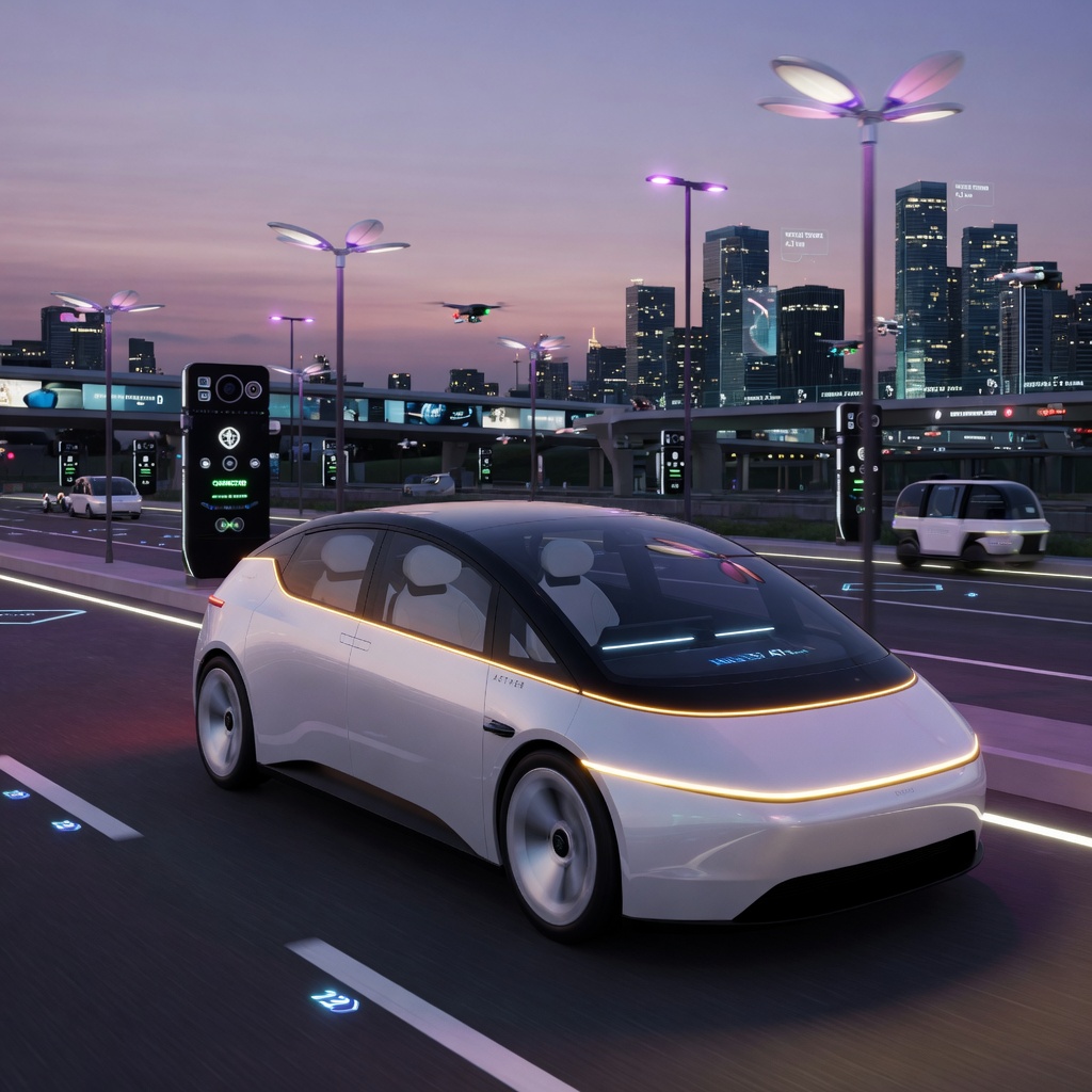 A sleek autonomous Tesla Cybercab gliding through a smart city environment at dusk with illuminated urban infrastructure
