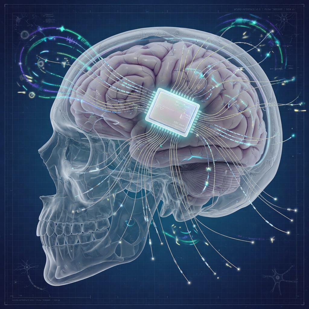 A transparent human brain illustration showing wireless neural interface technology with glowing signal pathways representing Neuralink's brain-computer interface