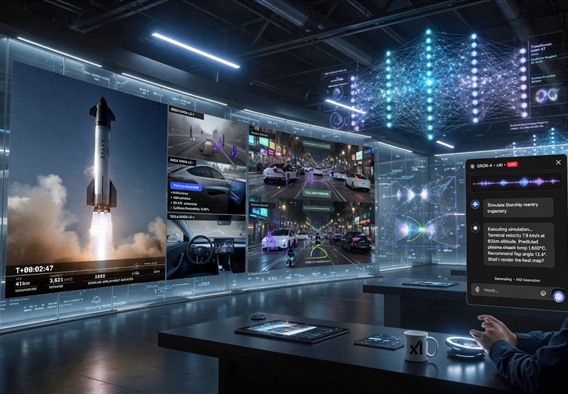 A vast, photorealistic futuristic command center with floor-to-ceiling holographic displays simultaneously showing a SpaceX Starship launch sequence, a Tesla autonomous vehicle fleet on city streets, glowing neural network visualizations, and an AI language model interface, all rendered in cool blue and white tones with dramatic lighting, cinematic quality, 8K resolution