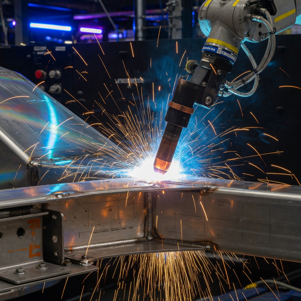 Close-up of a futuristic stainless steel electric truck being assembled by robotic arms inside a brightly lit high-tech factory